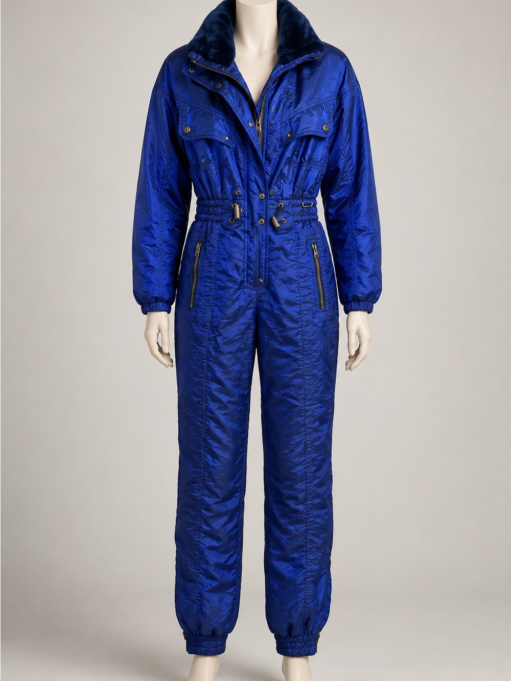 Vintage NILS Women’s Blue One-Piece Ski Suit Faux Fur Size 10 Made in USA